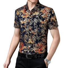 Summer Men's Middle-aged Printed Shirt Short Sleeve Stretch Ice Silk Leisure