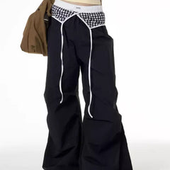 Retro Spicy Girl Plaid Stitching Design Wide-leg Pants For Women
