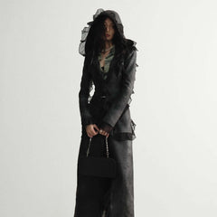 Dalian Hat Suede Slim-fit Thin Ruffled Overlong Coat worn by model in black with hood
