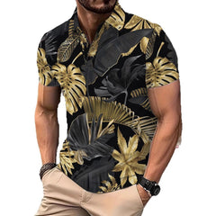 Men's Printed Gold Tropical Plant Pattern Short Sleeve Fashion Printed Shirt