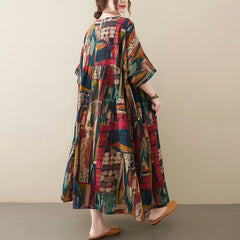 Women's New Style Large Size Loose Cotton And Linen Print Dress