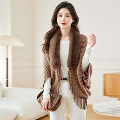 Women's Loose Tassel Fashion Shawl Jacket With Fur Collar in brown worn over a white top, featuring a stylish design.