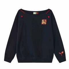 Women's Paste Cloth Embroidery Slant Shoulder Loose Long Sleeve Top