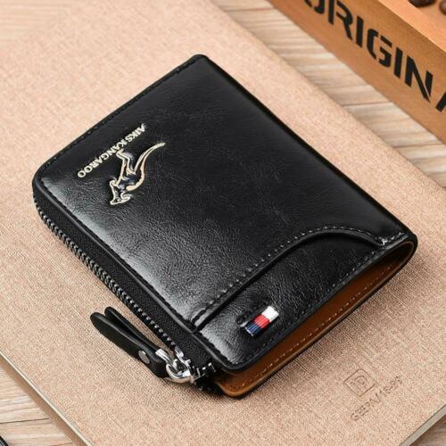Anti-theft card wallet for men – khaki PU leather zipper front view