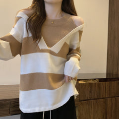 Korean Style False Two-piece Halter Off-the-shoulder Loose Striped Sweater