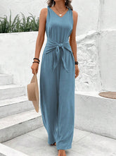Blue V-Neck Twist Strap Jumpsuit For Women