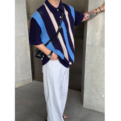 Hollow-out Vertical Stripes Color Matching Knitted Polo Shirt