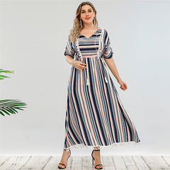 Retro Striped Waist Loose Large Size Dress