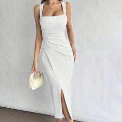 Women's New Fashionable Commuting Solid Color Sleeveless Generous Collar Slit Slim Fit Sexy Dress