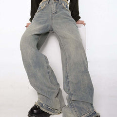 American High Waist Straight Wash Made Old Jeans Women