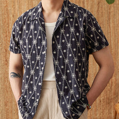 Holiday Pure Cotton Embroidery Cuban Collar Loose Shirt