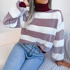 European And American Street Stripe Lantern Sleeve High Neck Bottoming Sweater