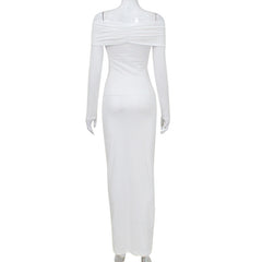 European And American Solid Color French Style Off-shoulder Tube Top Long Sleeve Dress Women