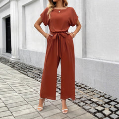 Women's Fashion Solid Color With Belt Round Neck Jumpsuit