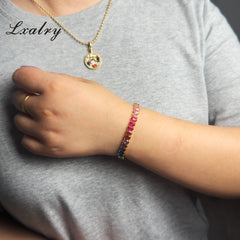 Lxalry 18K Gold Plated Copper Rainbow Zircon Bracelet - Colorful Gem Tennis Chain For Gifting & Everyday Glam - Non-Tarnish, Hypoallergenic, Y2K Trending Jewelry