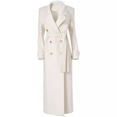 Elegant Double Breasted Lace Up Slim Fit Extended Women's White Back Slit Overcoat Coat