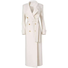 Elegant Double Breasted Lace Up Slim Fit Extended Women's White Back Slit Overcoat Coat