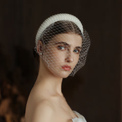French Hepburn Style Bridal Veil White Vintage Beaded Large Meshed Net Mesh Headband