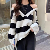 Korean Style False Two-piece Halter Off-the-shoulder Loose Striped Sweater