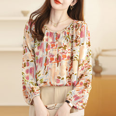 Real Shot French Style Vintage Floral Nine-quarter Sleeve Shirt For Women