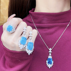Ice Navy Blue Ornament Three-piece Ring Set Necklace