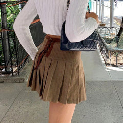Women's Skirt European And American College Style Tie Waist Khaki Pleated Skirt Female High-waisted Slim Short Skirt