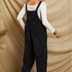 Women's Corduroy Solid Color Casual Long Jumpsuit Basic Style Pocket Strap Adjustable Overalls