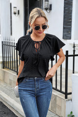 Hollow Jacquard Ruffled Raglan Sleeve Lace-up Short Sleeve Top