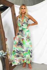 Printed Tied V-neck Waist-tight A- Line Dress