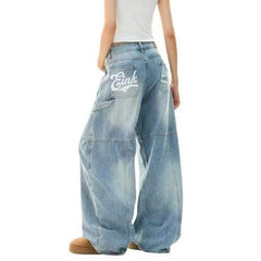 Washed Wide-leg Overalls Casual Straight-leg Long Pants American High Street Printed Jeans For Women