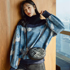 Women's Fashion Stitching Crane Print Sweater