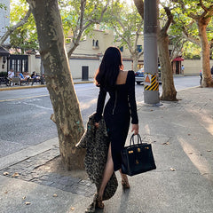 Black Square Neck Long Sleeve Bottoming Dress