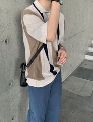 Hollow-out Vertical Stripes Color Matching Knitted Polo Shirt