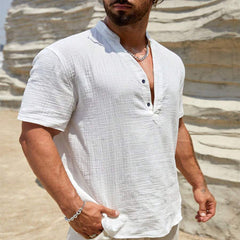 Men's Cotton And Linen Double-layer Solid Color Cuban Collar Short Sleeve Shirt