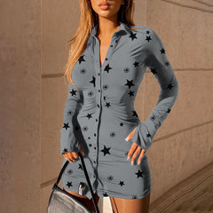 New Women's Printed Long Sleeve Lapel Slim Cardigan Shirt