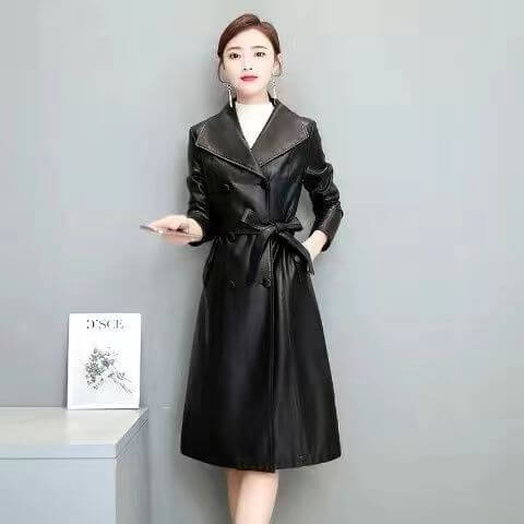 Leather Coat Women's Windbreaker Women's Thin Casual black leather mid-length coat with belt and regular sleeves.
