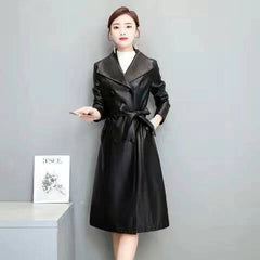 Leather Coat Women's Windbreaker Women's Thin Casual black leather mid-length coat with belt and regular sleeves.