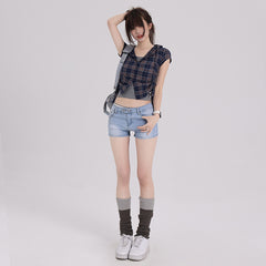 Elastic Low Waist Denim Shorts For Women