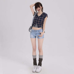 Elastic Low Waist Denim Shorts For Women