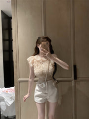 French Style Bow Lapel Chiffon Short Sleeve Shirt