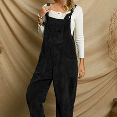 Women's Corduroy Solid Color Casual Long Jumpsuit Basic Style Pocket Strap Adjustable Overalls
