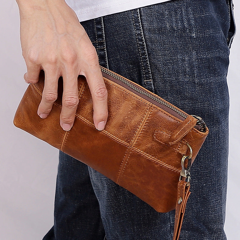 Men's clutch long wallet – first-layer cowhide leather zipper front view