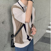 Hollow-out Vertical Stripes Color Matching Knitted Polo Shirt