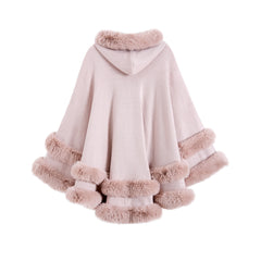 Oversized Knitted Cape Outer Shawl Artificial Fur Collar Hooded Warm Jacket