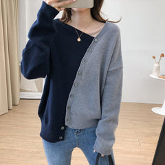 Diagonal Button Design Sense Contrast Color Long Sleeves Knitwear For Women