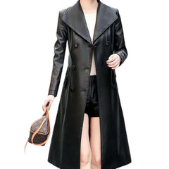 Leather Coat Women's Windbreaker Women's Thin Casual black mid-length trench coat with double-breasted buttons.