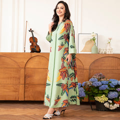 Elegant Style Holiday Style Round Neck Flowers Plant Bead Rhinestone Regular Sleeve Kaftan Light Green