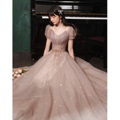 HOOR Women Luxury Puff Sleeve Backless Shiny Prom Gown