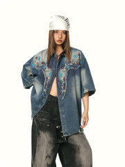Washed-out Vintage Stitching Embroidered Floral Denim Shirt