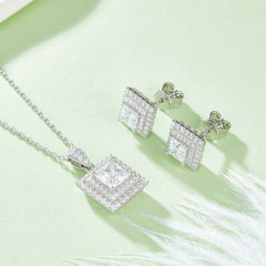 Moissanite Princess Square Rings Ear Studs Necklace Three-piece Set